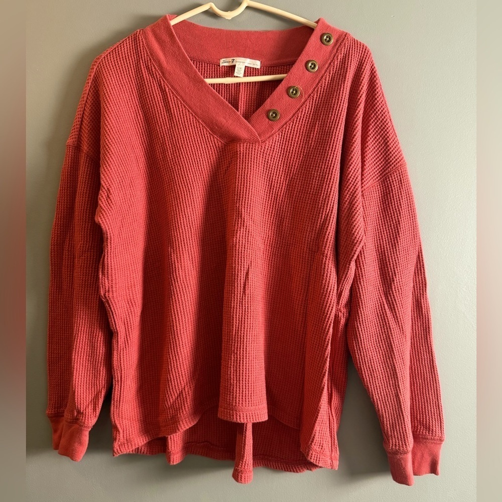 Seven7‎ Women's Sz L Long Sleeve Soft Waffle V-Neck Cotton Blend Rust/Salmon Top